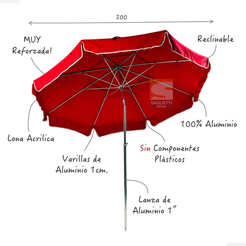 Imagen 5 de 9 de Sombrilla Reforzada 2 Metros Reclinable Lona Aluminio Alumel