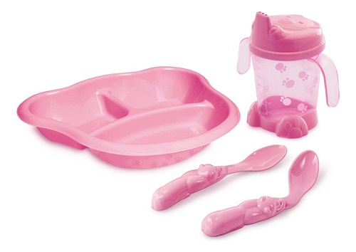 Kit 4 Alimentação Bebê Papinha Lanche Prato Refeição-rosa