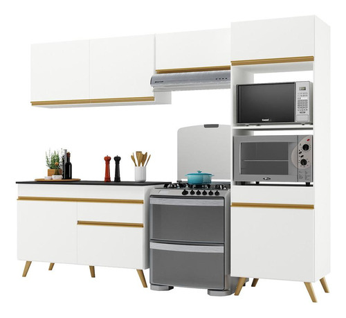 Armário De Cozinha Compacta 252cm Veneza Multimóveis V3693 Cor Branco/Dourado