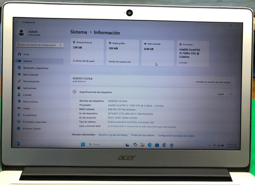 Laptop Acer Swift Sf314 51 Core I5 Ram 8gb Ssd 240gb Win 11 Gris (Usado)
