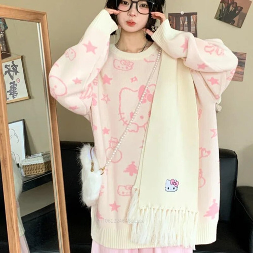Suéter De Punto Kawaii Sanrio Star Hello Kitty Para Mujer, O