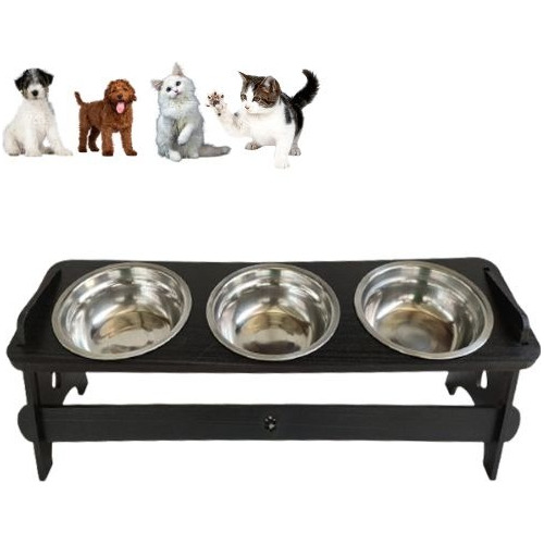 Comedouro Triplo Elevado Para Cães E Gatos + Tigelas Inox