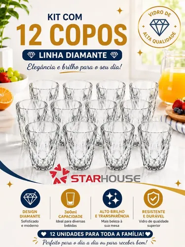 Kit 12 Copos Diamond 300ml Transparente Luxo Vidro Copo Diamante Cristal Suco Agua Vinho - Star House
