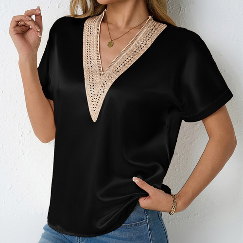 Blusa Moda Casual De Encaje Con Cuello En V Para Mujer