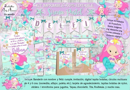 Kit Imprimible Candy Bar Sirena Pastel Editable 100%