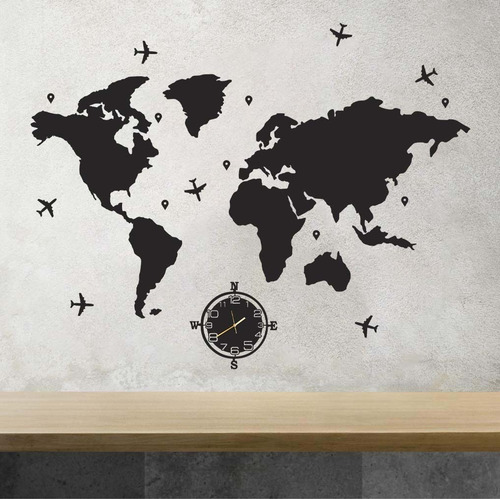 Cuadro Mapamundi Planisferio 180x100cm Con Reloj Brujula