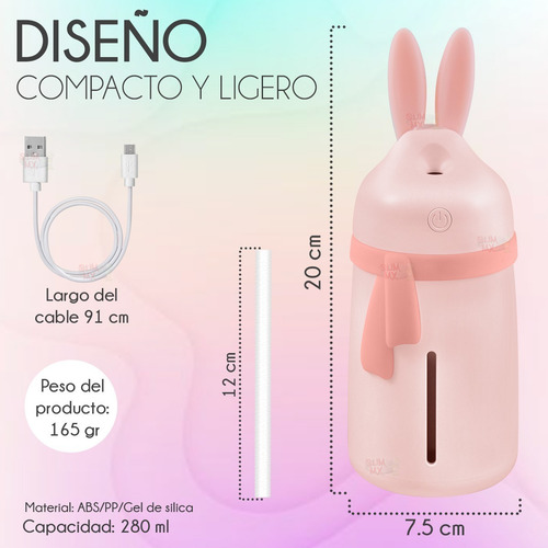 Humidificador Difusor De Aromas Diseño De Conejo Con Bufanda Con Luz Led Slim Company Para Aromaterapia, Sesiones De Relajación, Purificación Del Aire Color Rosa