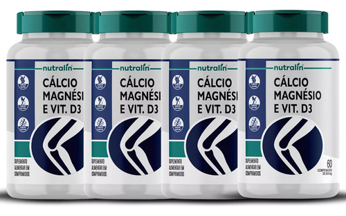 4x Cálcio Magnésio Vitamina D3 Nutralin 800mg 60 Comp