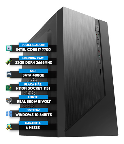 Pc Gamer Intel Core I5 7ª Geração,32gb Ddr4, Ssd 480gb, 500w