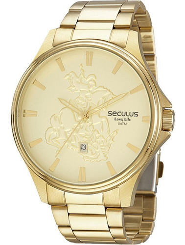 Relógio Seculus Masculino Dourado Long Life Cordão São Jorge