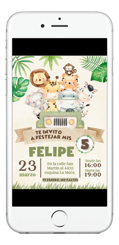 Invitación Cumpleaños Tarjeta Digital Animales Selva Zafari