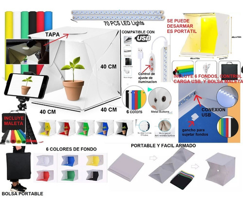 Caja Luz Led Estudio Fotografía 40cm 6 Fondos Color  Control