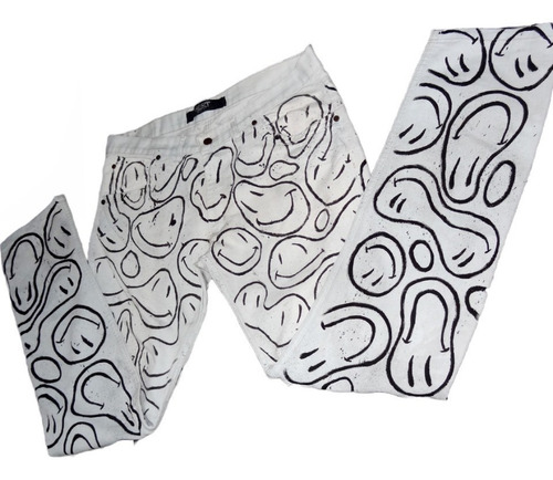 Imagen 7 de 8 de Pantalon Jean Happy Face Grunge Pintado A Mano Caustico T48