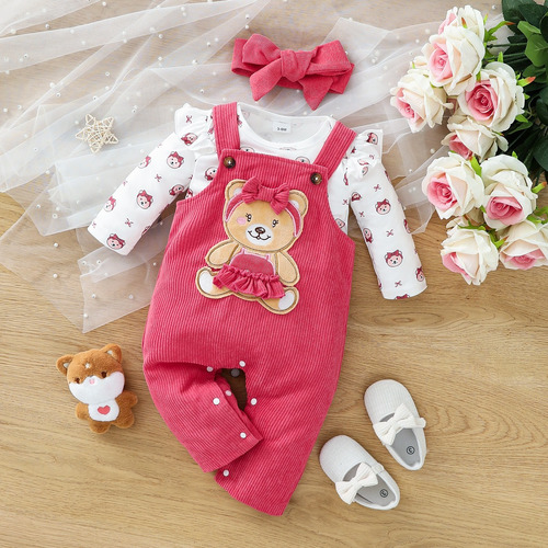 3 Pcs Conjunto Tierno Bebé Con Estampado De Osito Y Diadema Rosa 0-3 M