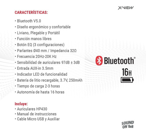 Imagen 7 de 7 de Auricular Headset X-view Soundon Hp430 Bluetooth Inalambrico