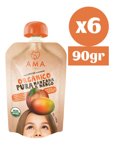 6x Ama Pure Fruta Manzana Mango Orgánico Papilla Compota