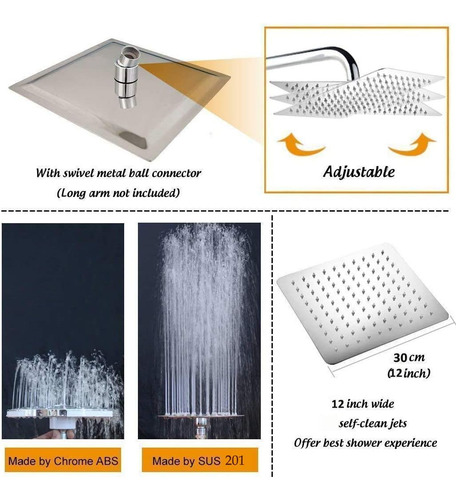 Regadera Ducha 12'' Alta Presión Con Boquillas Silicona