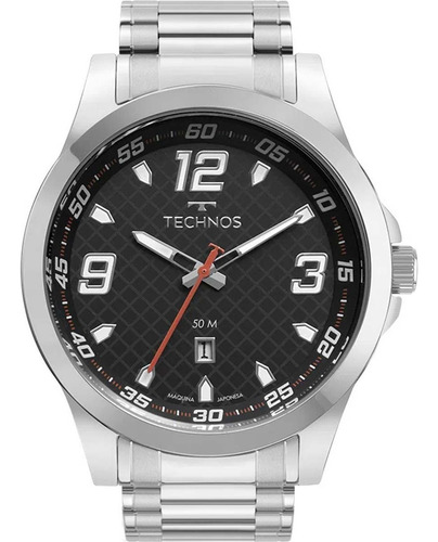 Relógio Technos Masculino Racer Prova D'água Com Calendário Correia Prateado Bisel Prateado Fundo Preto
