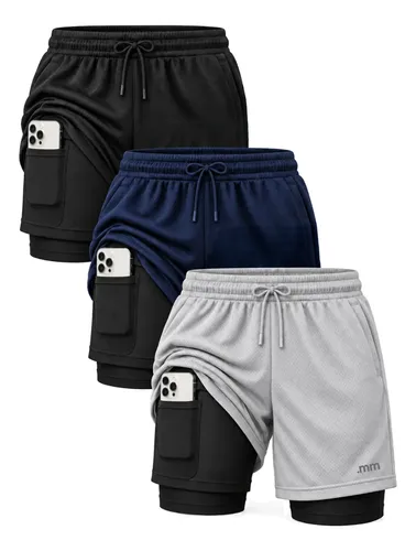 Kit 3 Bermudas 2 Em 1 Short Duplo Masculino Academia Treino Preto-cinza-marinho Liso M