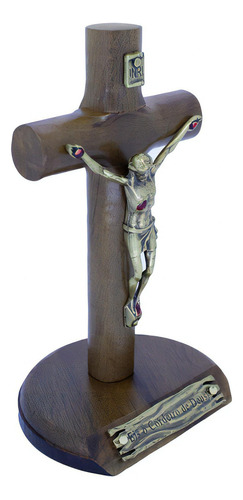 Crucifixo Madeira De Mesa Cristo Em Metal - 12 Cm Ov Cor Marrom