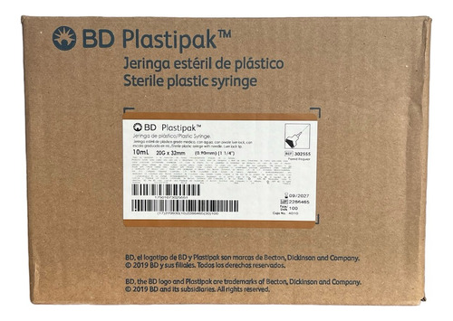 Jeringa De Plástico 10 Ml Con Aguja 20g X 32 Mm (caja 100)