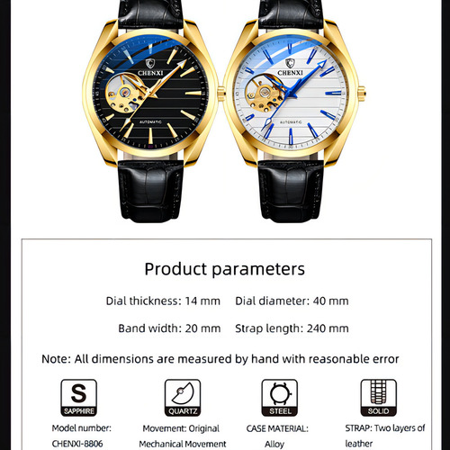 Relógio automático Chenxi Business Luminous Leather, cor de fundo prateada/azul