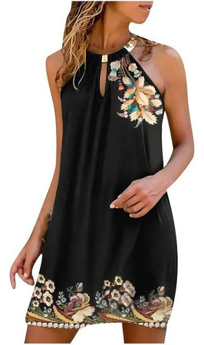 Vestido Mujer Verano Metal Colgante Cuello Estampado Mangas