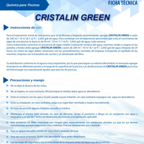 Cristalin Green Para Alberca 10 Litros Biodegradable Spin Ds Azul