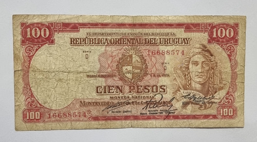 Billete De 100 Pesos Moneda Nacional Del Uruguay -  Año 1939