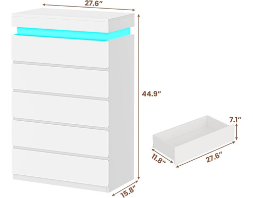 Haumous Cómoda Alta De 5 Cajones Con Luz Led Blanco