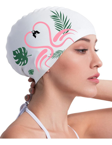 Gorro Para Natación Copozz, Silicona, Blanco Con Flamencos