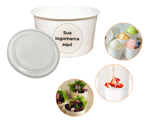 Pote Papel Personalizado 120ml Branco C/ Tampa Sorvete 100un