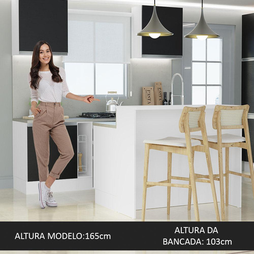 Isla de cocina con encimera y encimera, 120 cm, Glamy Madesa Bp, color blanco/negro