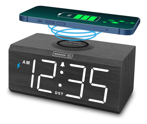 Wooden Digital Alarm Clock With Wireless Charging Station Fo
