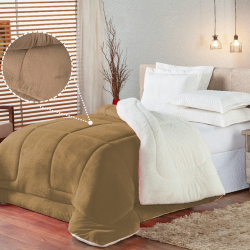 Coberdrom Casal Edredom Sherpa Dupla Face 2,40m X 2,20m Frio Cor Cáqui Armazem Dos Enxovais