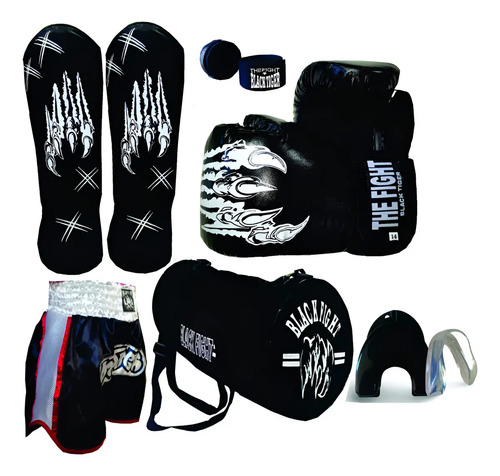 Kit Muay Thai Luva+bandagem+bucal+caneleira+short+bolsa Cor Preto Tamanho 14oz