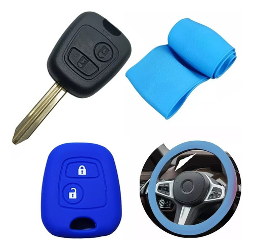 Cubre Volante + Funda Llave Silicona 2 Botones Peugeot Azul