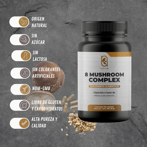 Mezcla De 8 Hongos Adaptogenos 100 Cápsulas 500 Mg Natural Sabor Sin Sabor