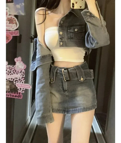 Conjunto De Abrigo Y Falda De Mezclilla De Estilo Retro Para