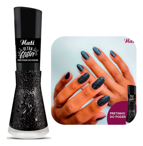 Esmalte Nati Pretinho Do Poder Preto Ultra Glitter Brilhante