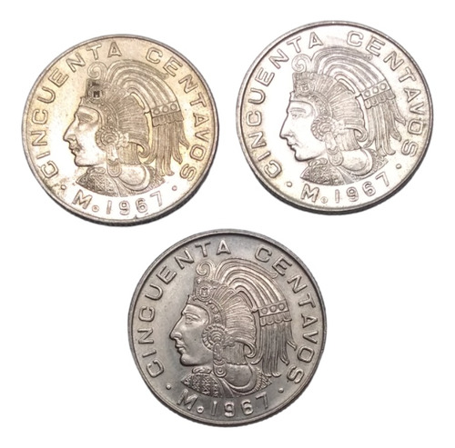 3 Monedas 50 Centavos Cuauhtemoc Nuevas 1967 Envio $40