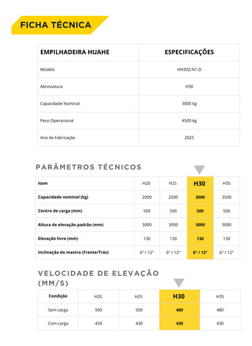 Empilhadeira Huahe Diesel 3,0 Toneladas Triplex 4,8 Metros