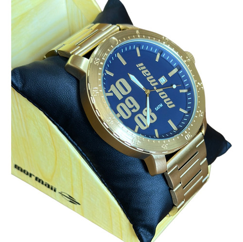 Relógio Mormaii Esportivo Masculino Grande Com Calendario Correia Dourado Bisel Dourado Fundo Azul