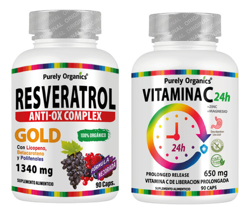 Combo Resveratrol Complex y Vitamina C 24h 90 Cápsulas. Purely Organics.