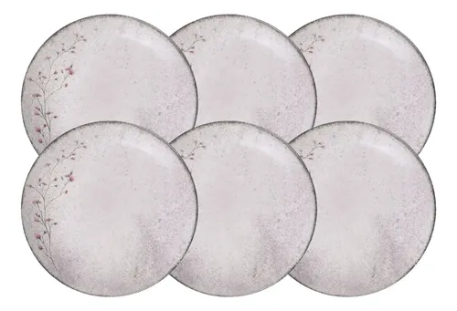Jogo 6 pratos fundos Tramontina Floralis 21cm cinza flora lis