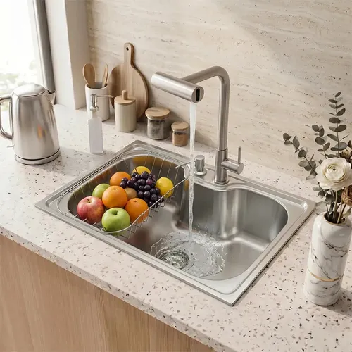 Cuba Gourmet Cozinha Inox 304 50x40cm Escovada Embutida ou Sobreposta Kit Completo com Torneira Multifuncional 4 Jatos, Cesto Escorredor e Dosador de Sabão - R$ 261,9
