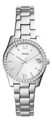 Reloj de pulsera Fossil Scarlette mini de cuerpo color plata, analógico, para mujer, fondo plata, con correa de acero inoxidable color plata, agujas color plata, dial plata, minutero/segundero plata, bisel color plata y desplegable