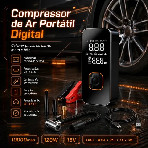 Auxiliar de Partida de Bateria Veicular Portátil com Compressor - foto 1