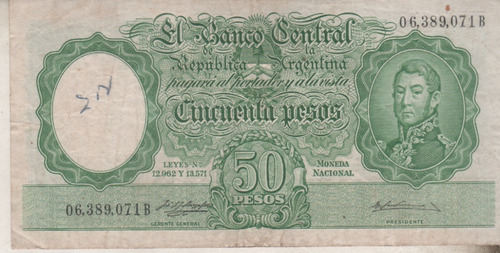 Billete Argentina $ 50 Moneda Nacional - Año 1956 - B 1992