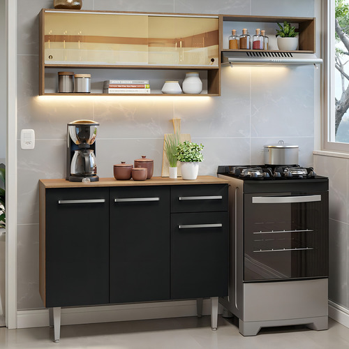 Armário De Cozinha Compacta 165cm Emilly Madesa Rp 02 Cor Rustic/Preto